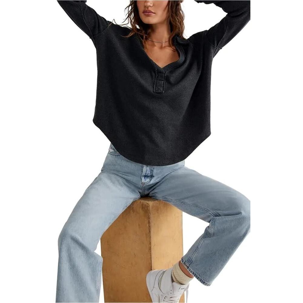 Sold! We The Free Womens Charcoal Gray V-Neck Thermal Pullover Sweater Small - Picture 2 of 10